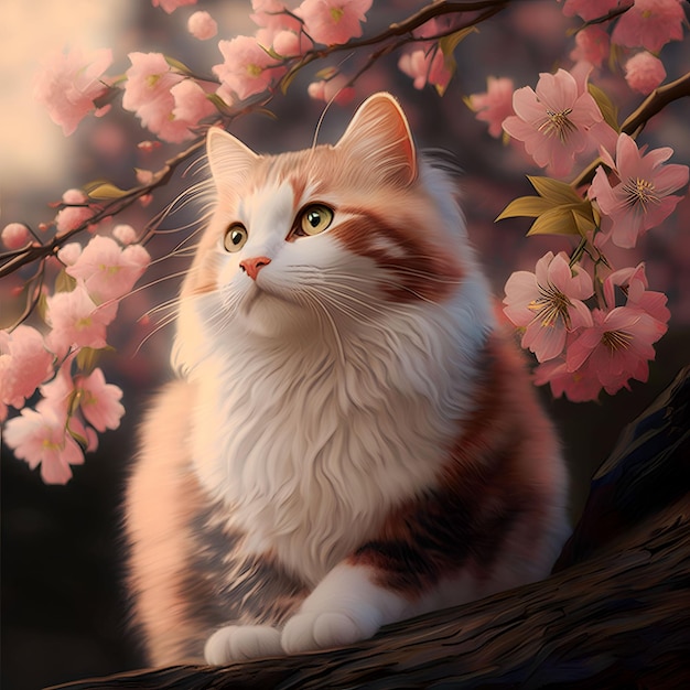 Un gatto è seduto su un ramo di un ciliegio.