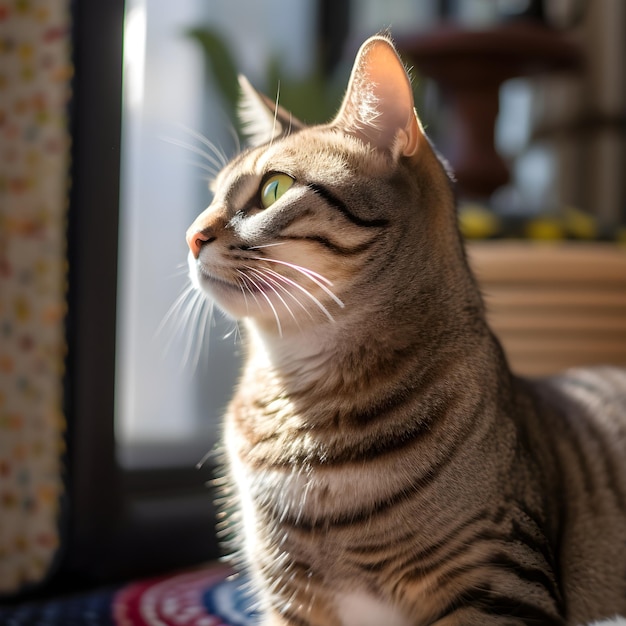 Un gatto è seduto su un tappeto con una tenda sullo sfondo.