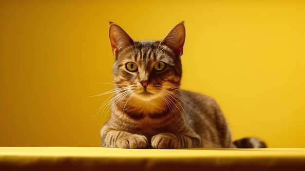 Un gatto è seduto su un tavolo davanti a uno sfondo giallo.