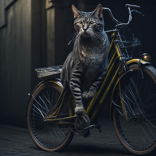 Un gatto è seduto su una bicicletta al buio.
