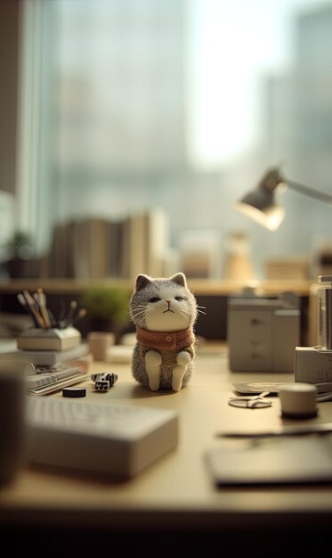 Un gatto è seduto su una scrivania con una camicia che dice gatto.
