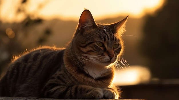 Un gatto è seduto su una sporgenza di fronte a un tramonto.