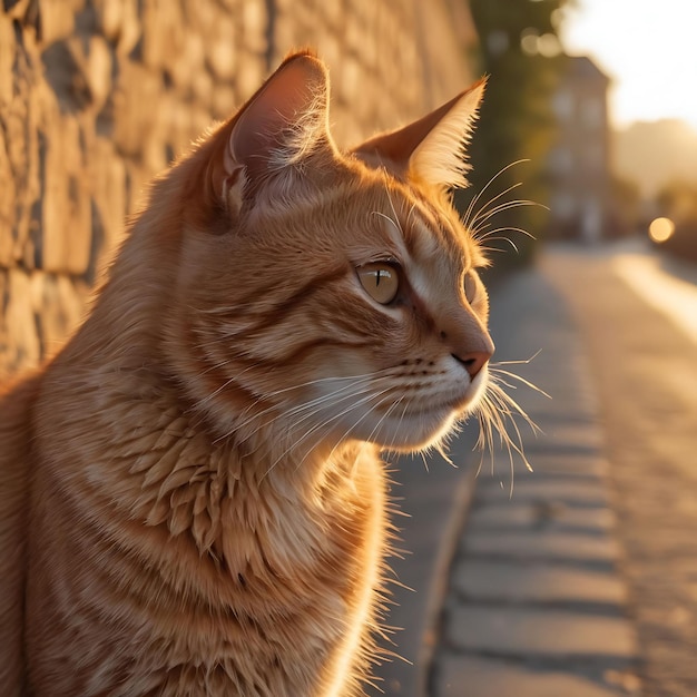 un gatto è seduto sul marciapiede e guarda la telecamera