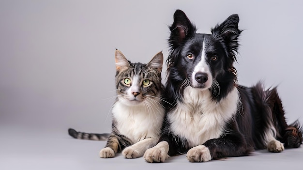 Un gatto e un cane amichevoli seduti insieme in uno studio Un semplice ritratto della compagnia degli animali domestici Perfetto per la famiglia e i contenuti relativi agli animali domestici AI