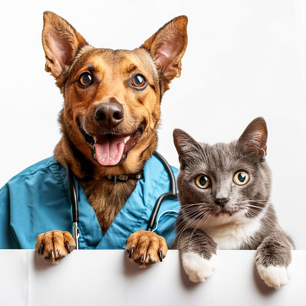 un gatto e un cane carini che tengono in mano un Iboaord bianco su uno sfondo bianco