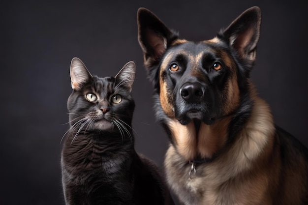 Un gatto e un cane siedono insieme su uno sfondo scuro