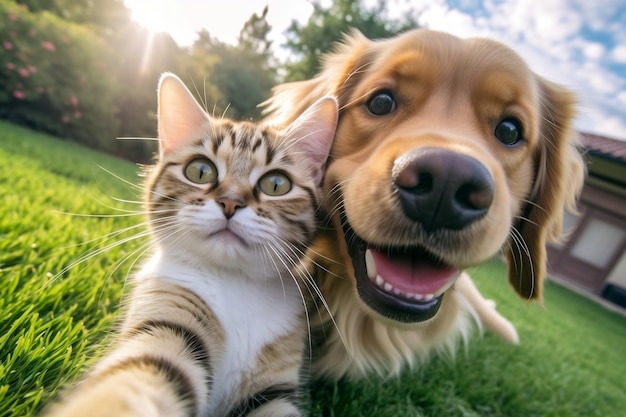 Un gatto e un cane sono migliori amici che scattano un selfie insieme Generative Ai