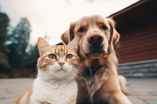 Un gatto e un cane sono seduti insieme su un vialetto