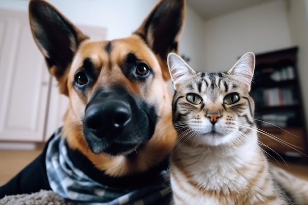 Un gatto e un cane sono seduti insieme