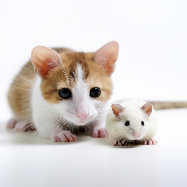 Un gatto e un topo seduti insieme su uno sfondo bianco