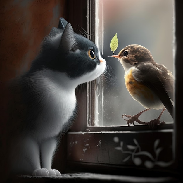 Un gatto e un uccello si guardano da una finestra.