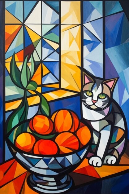 Un gatto e una ciotola di frutta con un gatto sullo sfondo.