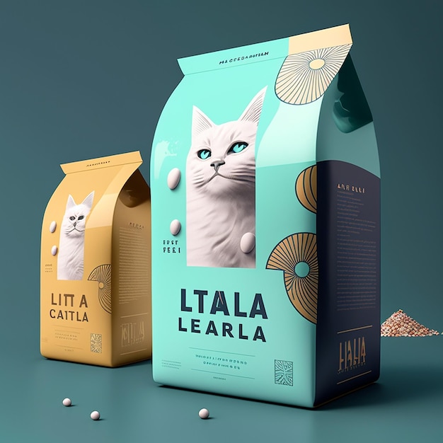 Un gatto e una scatola di cibo per gatti sono su uno sfondo blu.