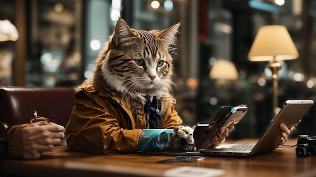 Un gatto elegante che compra online usando uno smartphone e una carta di credito