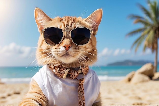 Un gatto elegante che indossa occhiali da sole alla moda che si fa un selfie su una spiaggia soleggiata