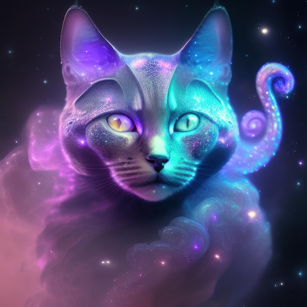 un gatto fantastico con occhi luminosi e uno sfondo pieno di stelle