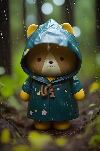 Un gatto giocattolo con un impermeabile giallo si trova sotto la pioggia