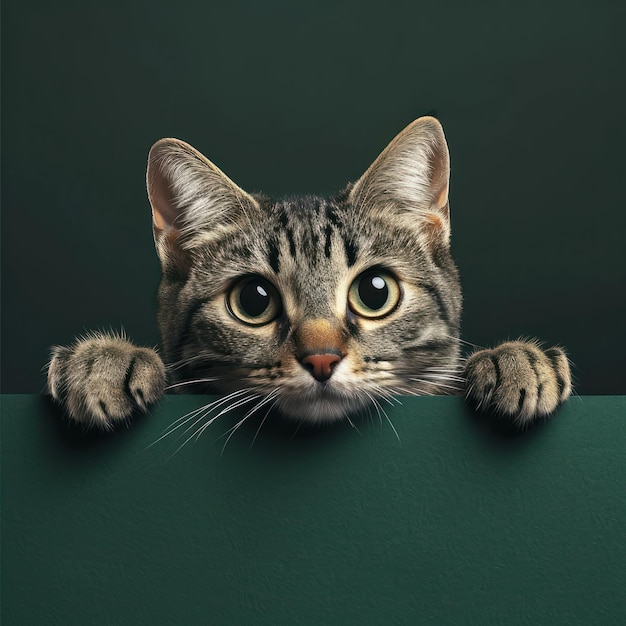 Un gatto giocoso che sbircia su una superficie verde