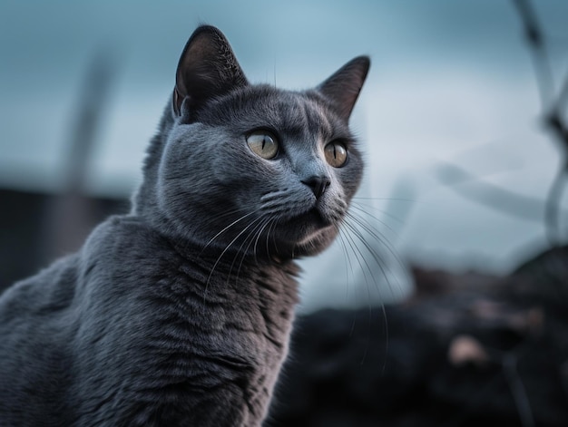 un gatto grigio con gli occhi gialli che guardano in alto.