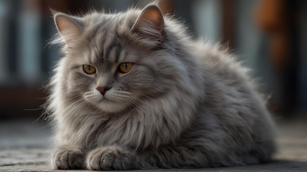 un gatto grigio con gli occhi gialli seduto su un pavimento