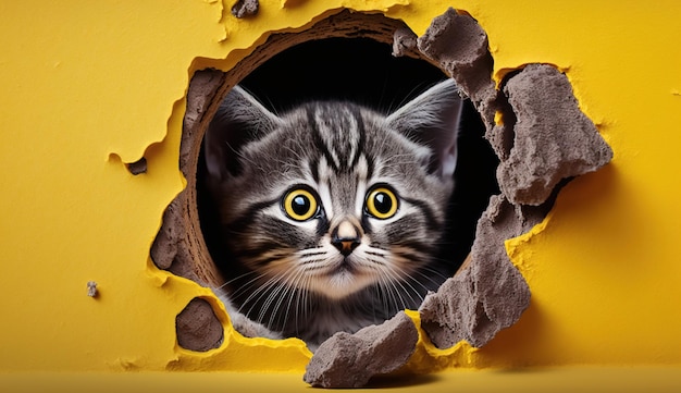 Un gatto guarda fuori da un buco in un muro giallo.