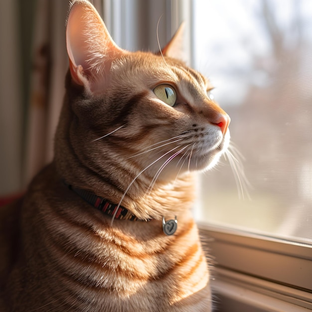 Un gatto guarda fuori da una finestra e guarda fuori dalla finestra.