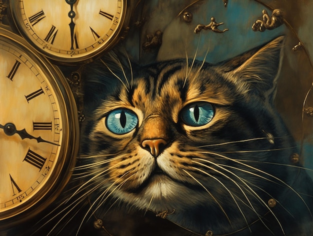 Un gatto guarda un orologio con sopra i numeri 3 e 3.