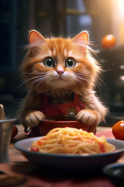 un gatto guarda un piatto di spaghetti