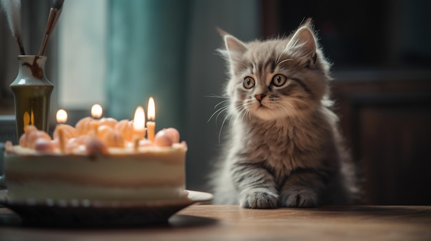 Un gatto guarda una torta con sopra delle candele accese.