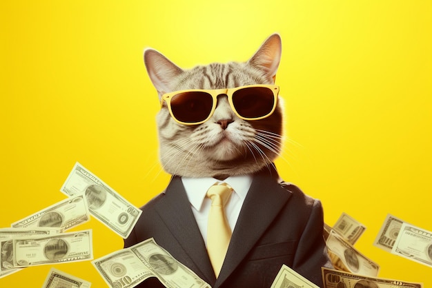 Un gatto hipster ricco e di successo con occhiali da sole e soldi in contanti sullo sfondo pastello