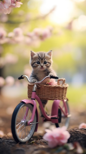 Un gatto in bicicletta con un cesto di fiori