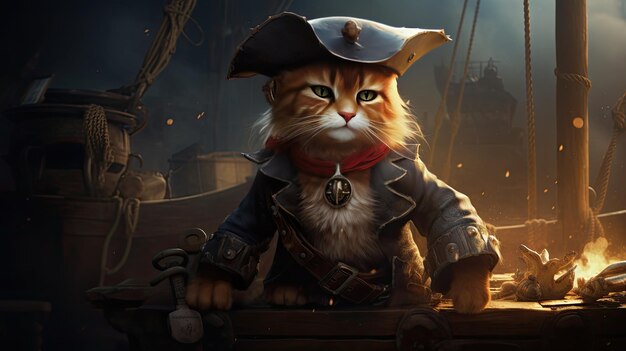 un gatto in costume da pirata siede sul ponte di una nave.