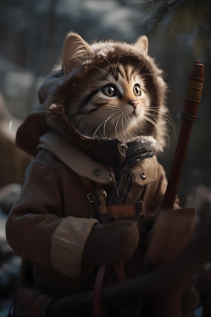 Un gatto in giacca con un bastone