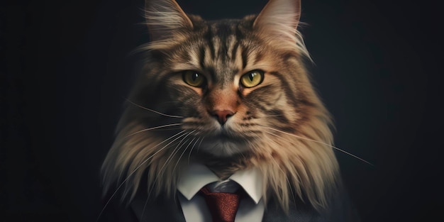 Un gatto in giacca e cravatta è in piedi davanti a uno sfondo scuro