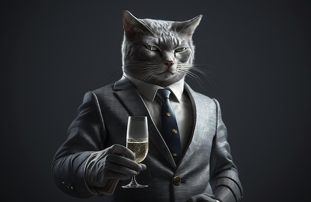 Un gatto in giacca e cravatta tiene in mano un bicchiere di champagne