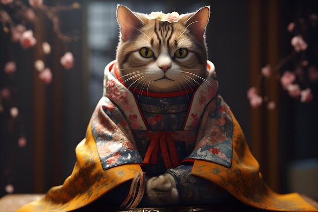 Un gatto in kimono indossa un kimono.