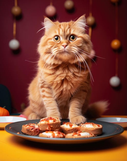 un gatto in piedi su un piatto di cibo