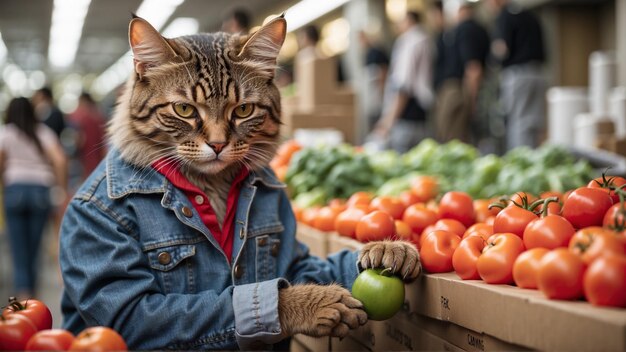 Un gatto in tuta di denim compra un pomodoro verde al mercato