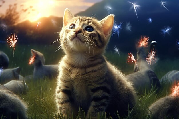 Un gatto in un campo con fuochi d'artificio sullo sfondo