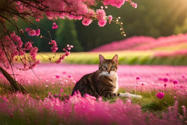 Un gatto in un campo di fiori con fiori rosa