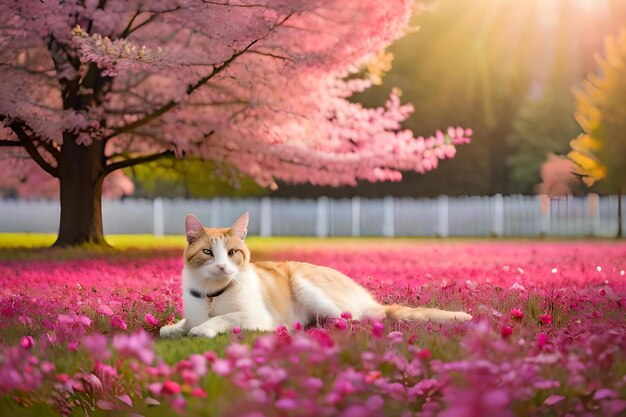 Un gatto in un campo di fiori con un albero rosa sullo sfondo