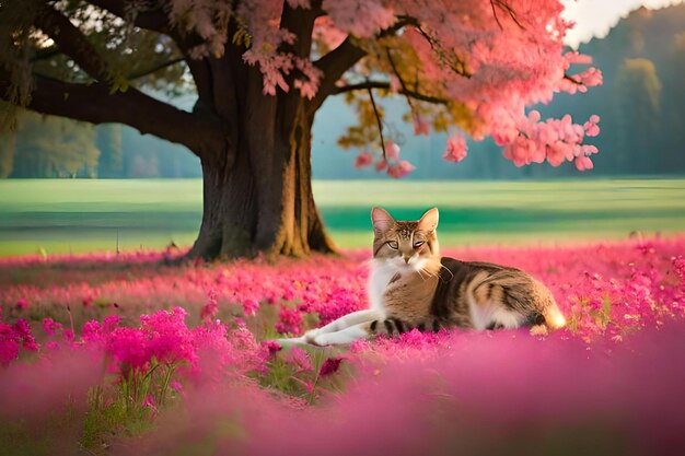 Un gatto in un campo di fiori con un albero sullo sfondo