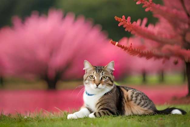 Un gatto in un campo di fiori rosa