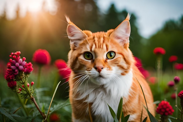 Un gatto in un campo di fiori