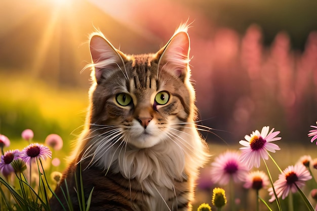 Un gatto in un campo di fiori