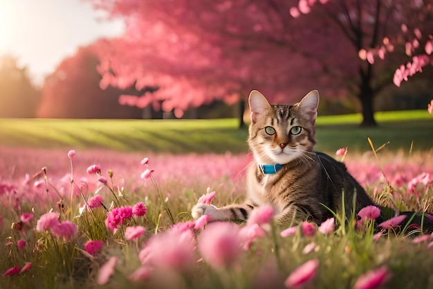 Un gatto in un campo di fiori