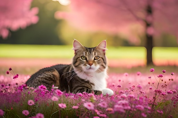 Un gatto in un campo di fiori