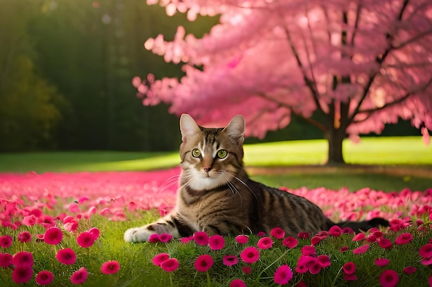 Un gatto in un campo di fiori