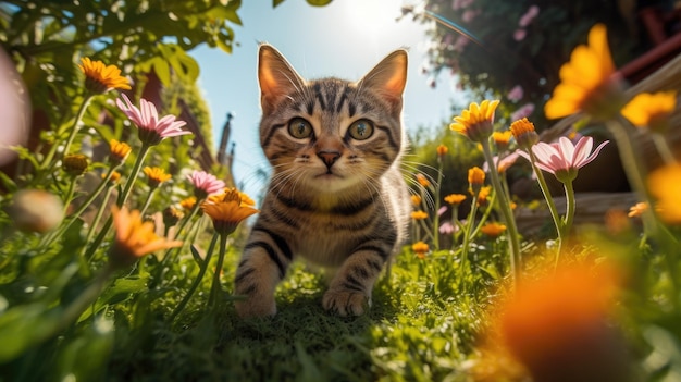 Un gatto in un campo di fiori