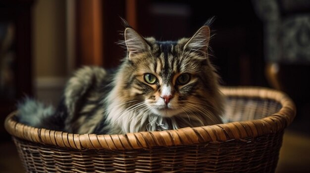 Un gatto in un cesto è seduto in un cesto.